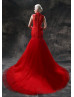 Red Lace Tulle High Neck Mermaid Long Wedding Dress